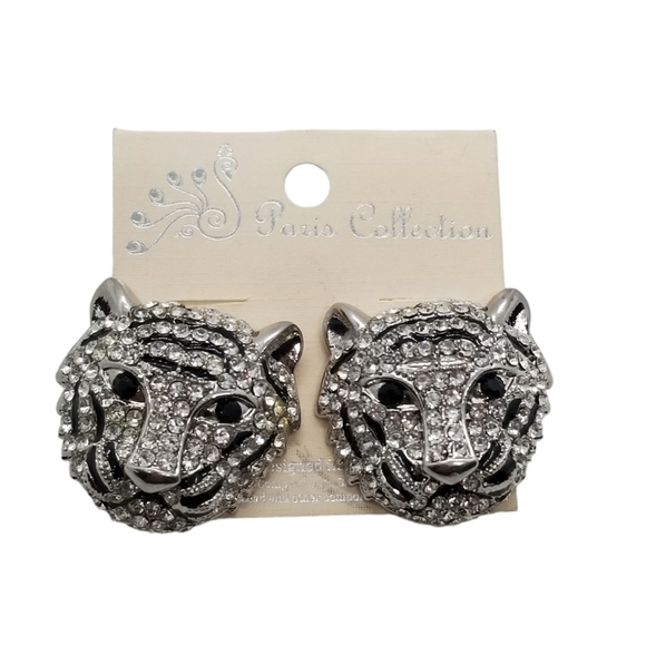 PARIS COLLECTION NWT RHINESTONE WHITE TIGER STATEMENT EARRINGS - Picture 3 of 6